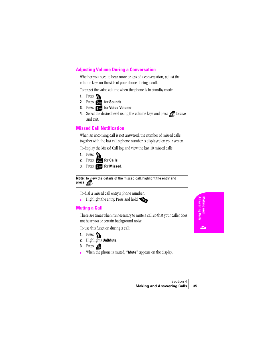 Adjusting volume during a conversation, Missed call notification, Muting a call | Samsung SPH-A400 User Manual | Page 35 / 157