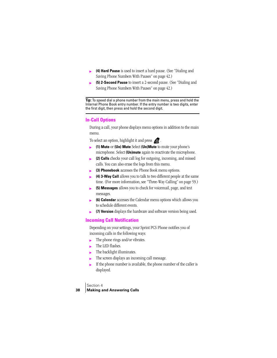 In-call options, Incoming call notification | Samsung SPH-A400 User Manual | Page 38 / 157