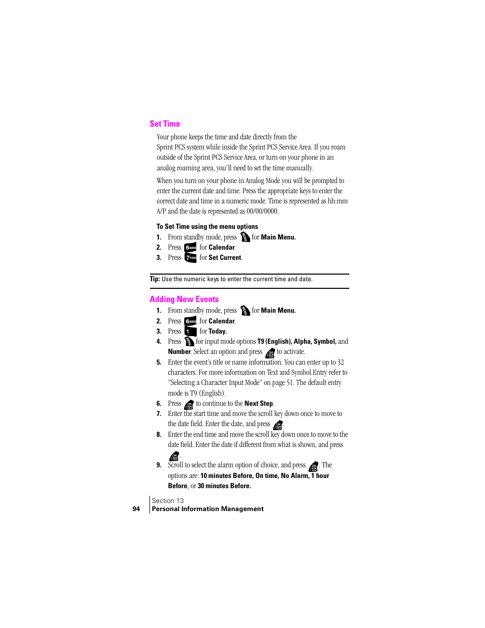 Set time, To set time using the menu options, Adding new events | Samsung SPH-A400 User Manual | Page 94 / 157