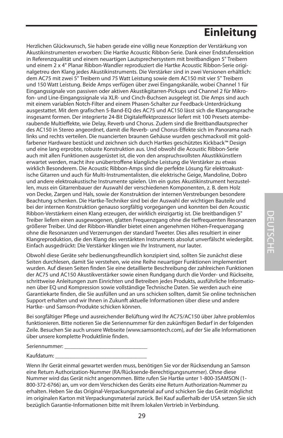 Einleitung, Deut sche | Samson Acoustic User Manual | Page 35 / 84