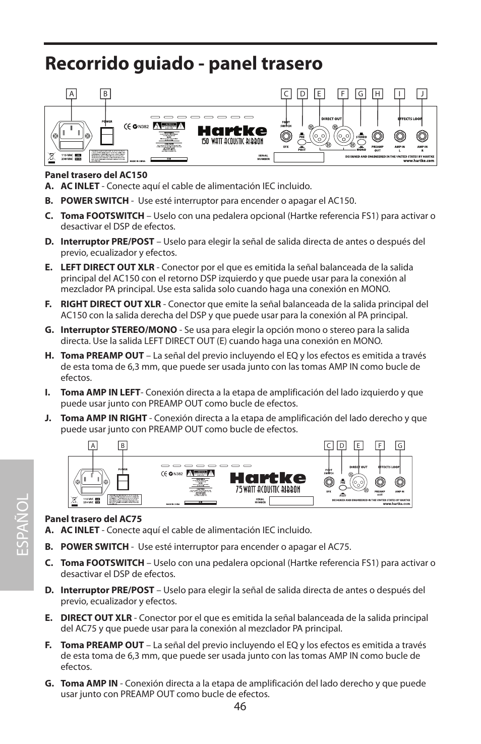 Recorrido guiado - panel trasero, Esp añol | Samson Acoustic User Manual | Page 52 / 84