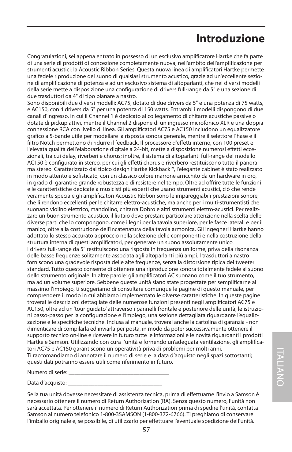Introduzione, It aliano | Samson Acoustic User Manual | Page 63 / 84