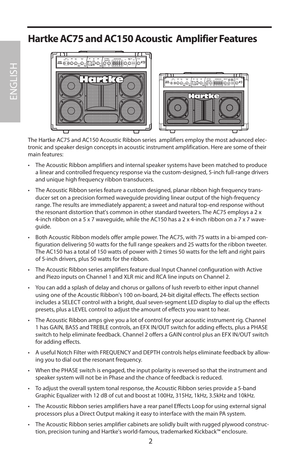 Hartke ac75 and ac150 acoustic amplifier features, English | Samson Acoustic User Manual | Page 8 / 84