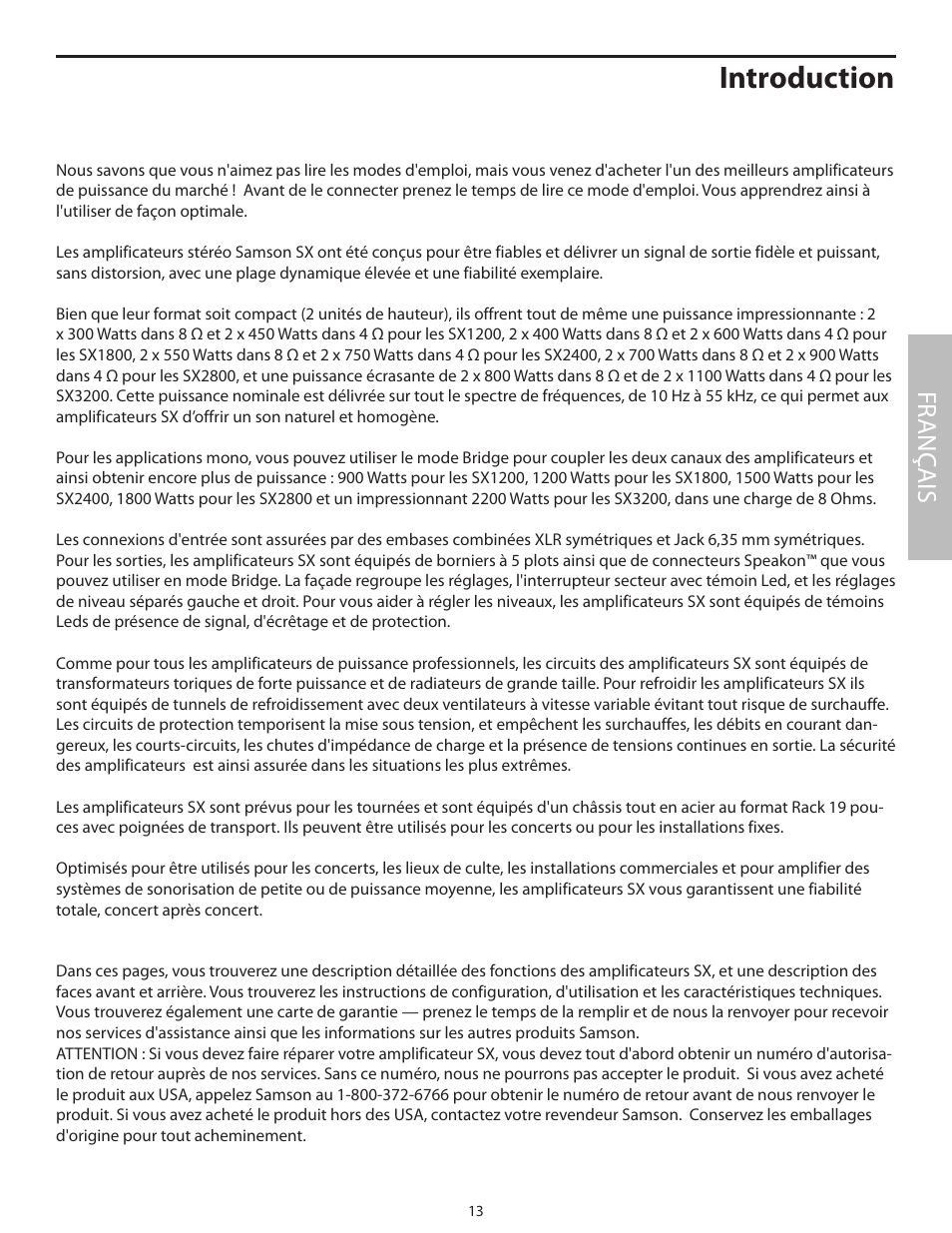 Introduction, Fr anç ais | Samson SX2800 User Manual | Page 15 / 60