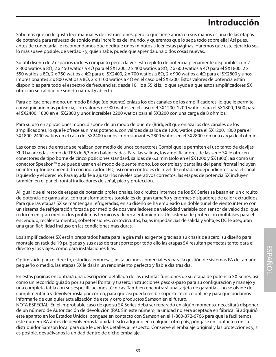 Introducción, Esp añol | Samson SX2800 User Manual | Page 35 / 60