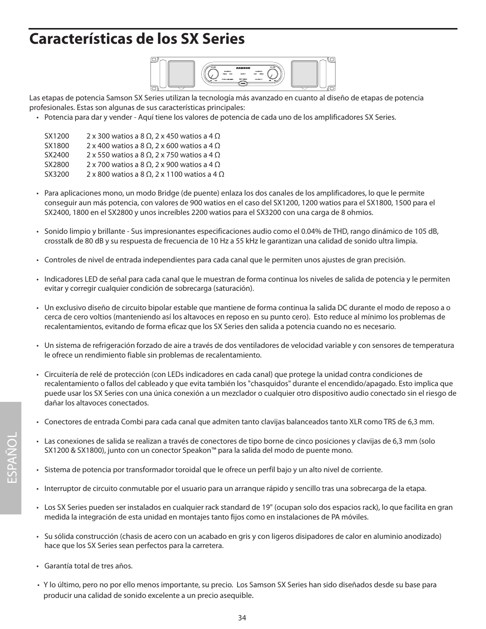 Características de los sx series, Esp añol | Samson SX2800 User Manual | Page 36 / 60