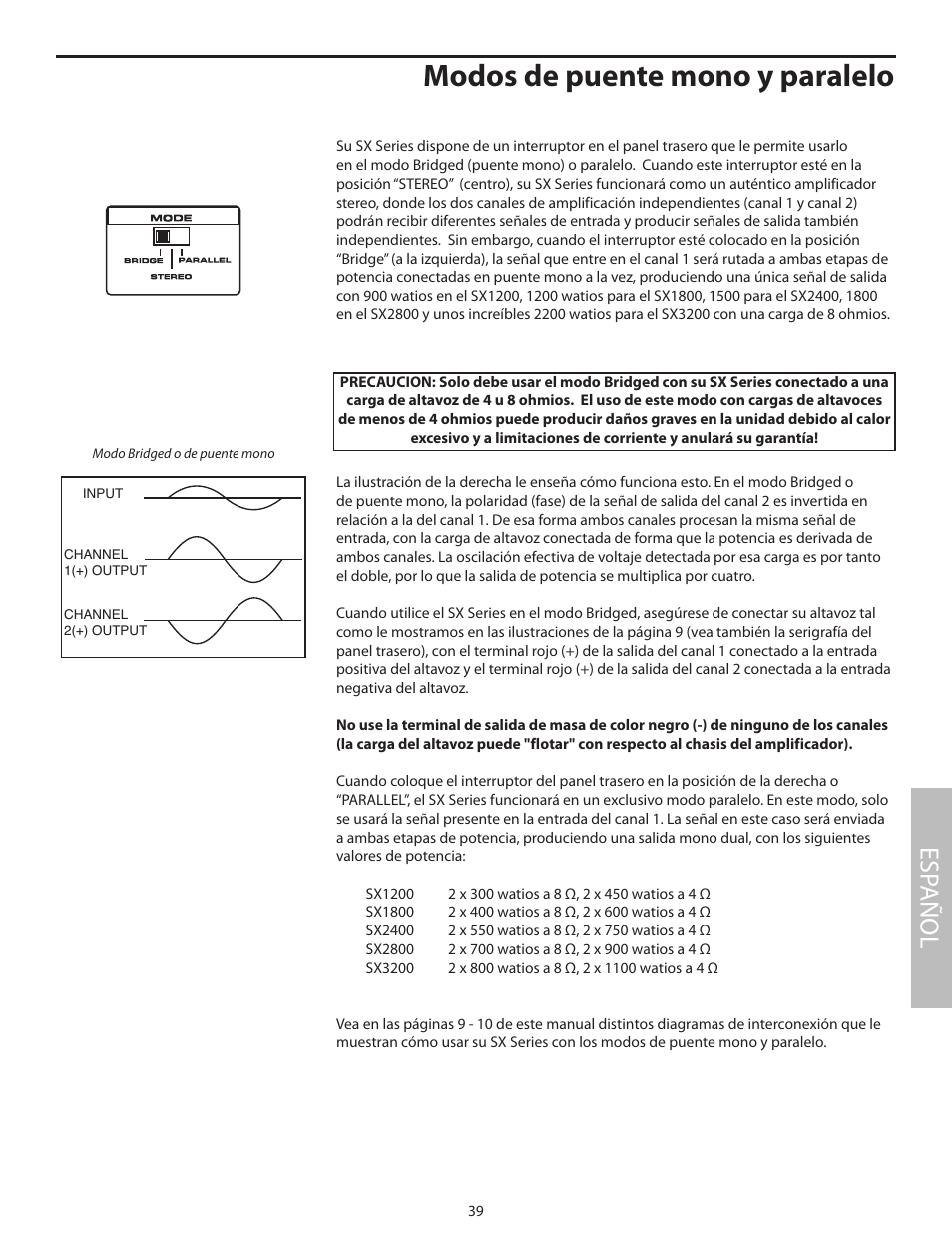 Modos de puente mono y paralelo, Esp añol | Samson SX2800 User Manual | Page 41 / 60