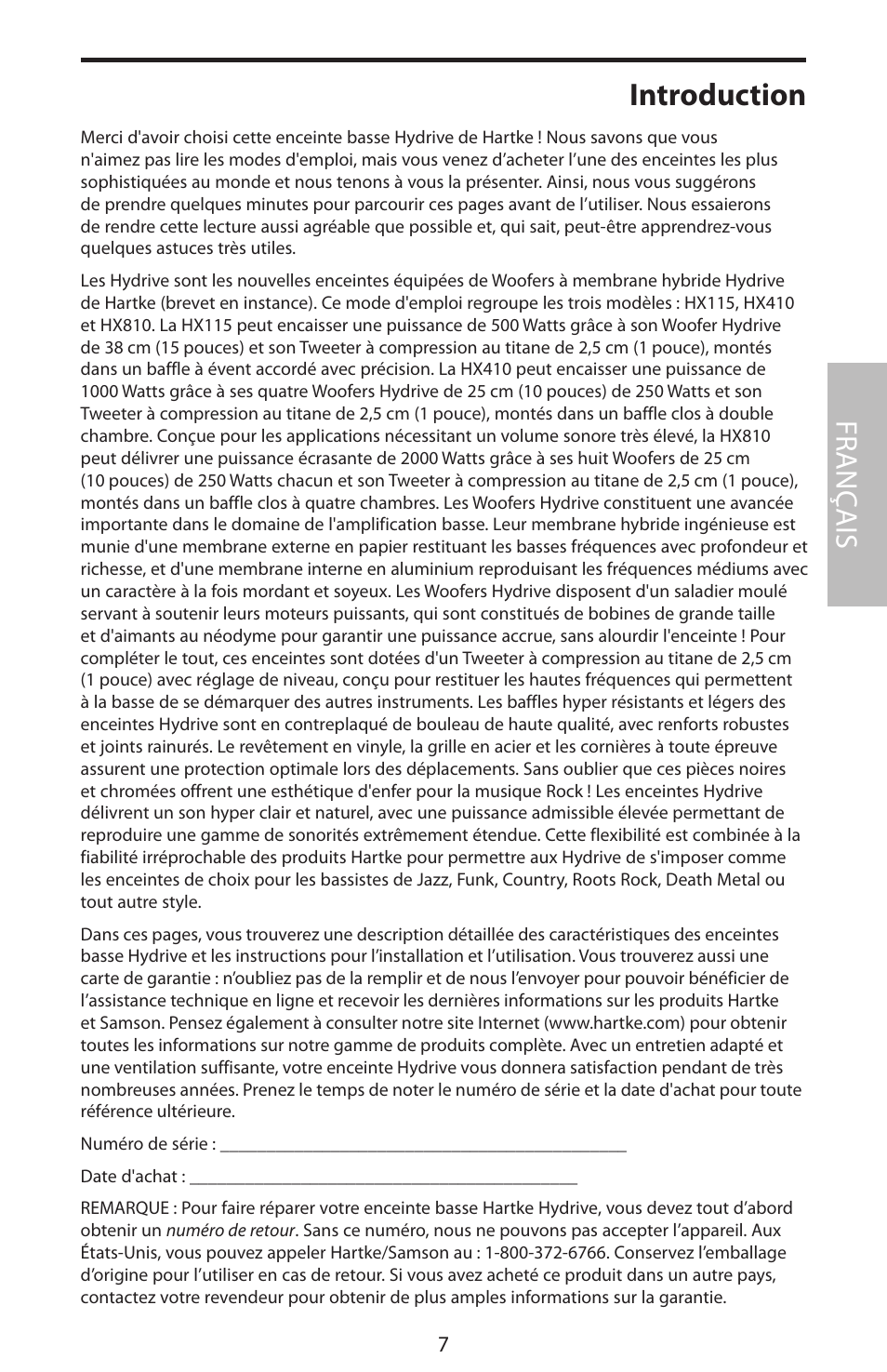 Introduction, Fr anç ais | Samson HyDrive HX410 User Manual | Page 11 / 40