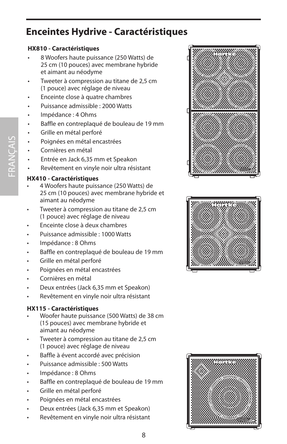 Enceintes hydrive - caractéristiques, Fr anç ais | Samson HyDrive HX410 User Manual | Page 12 / 40
