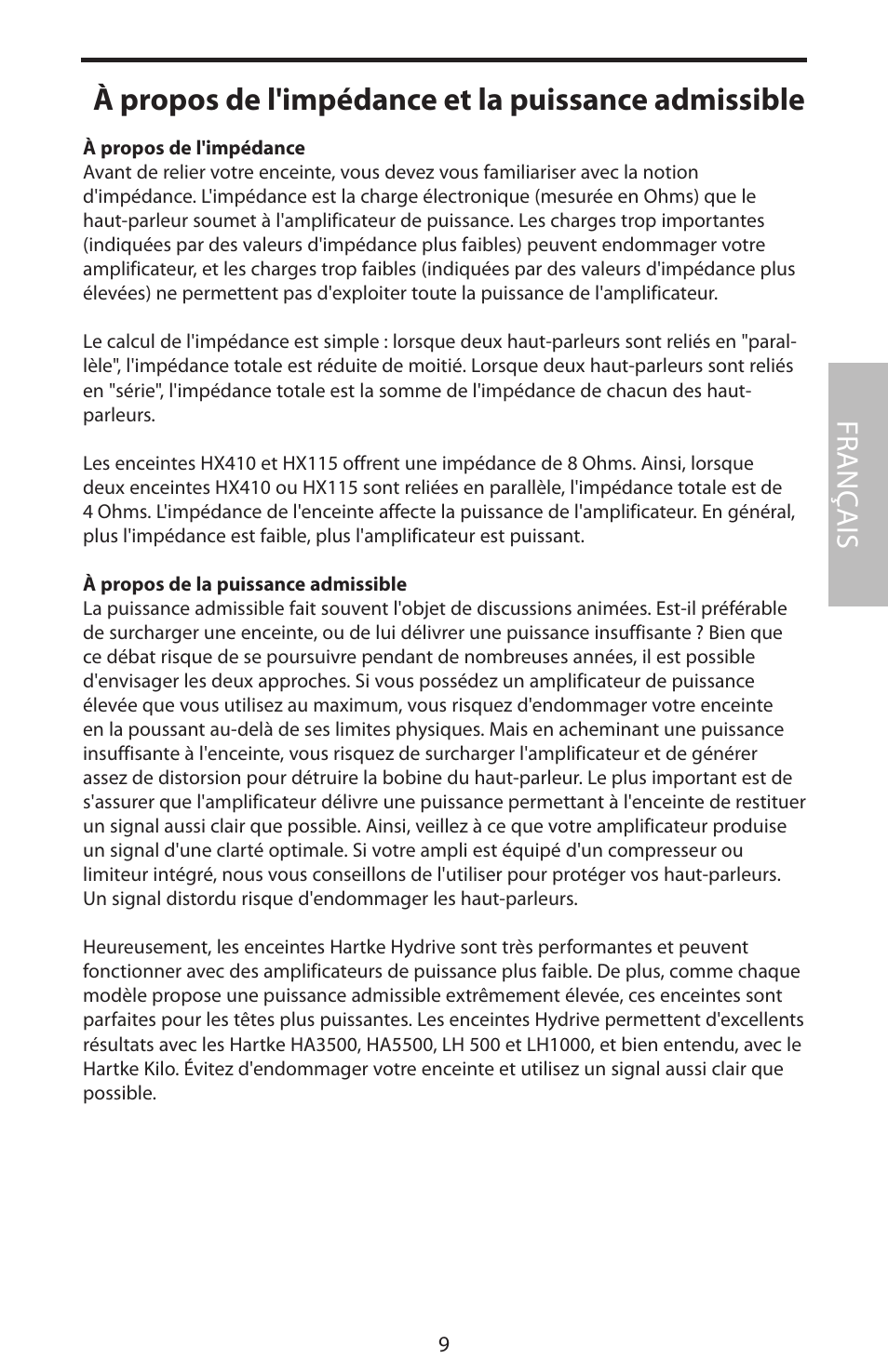 À propos de l'impédance et la puissance admissible, Fr anç ais | Samson HyDrive HX410 User Manual | Page 13 / 40