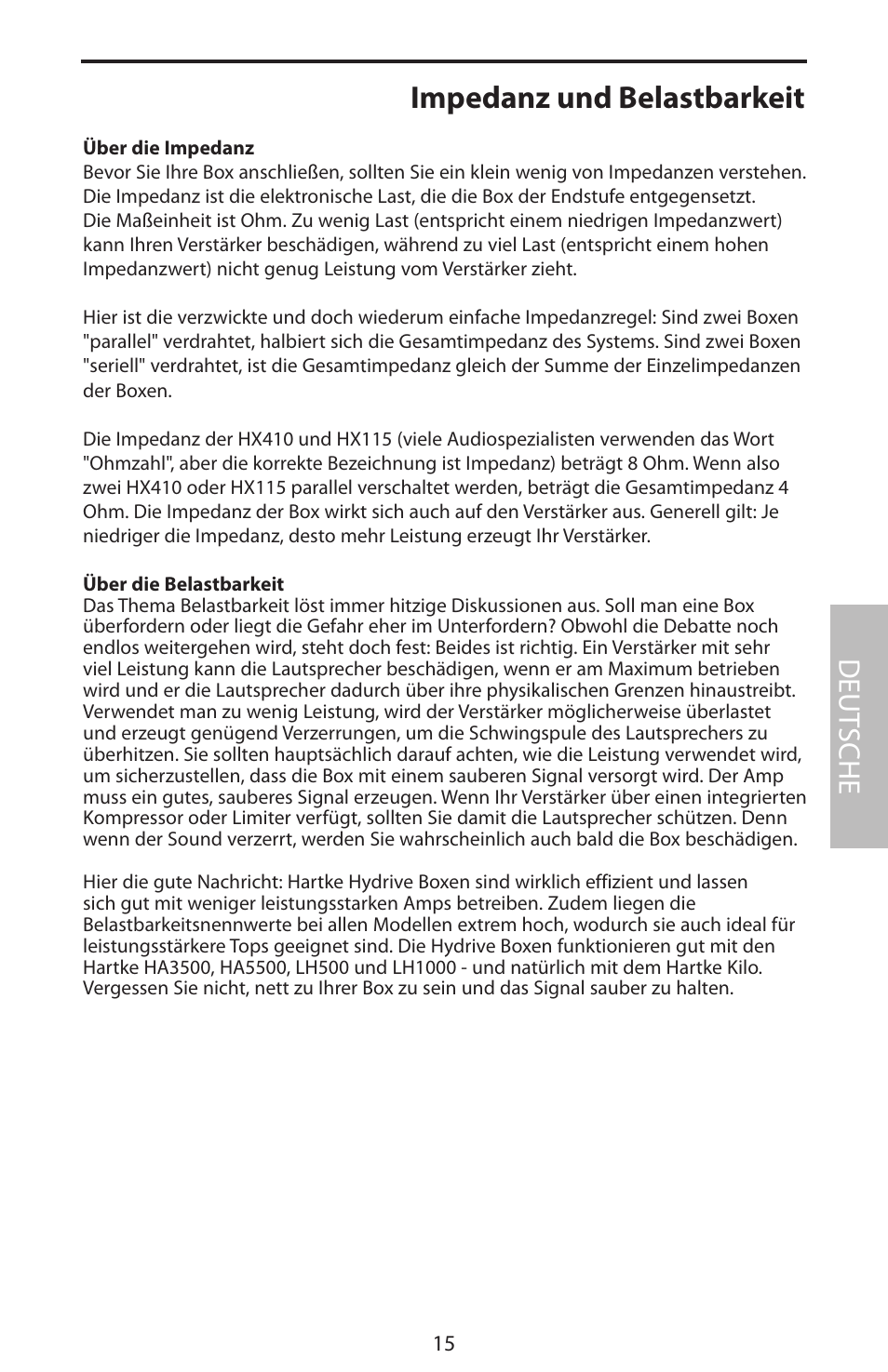 Impedanz und belastbarkeit, Deut sche | Samson HyDrive HX410 User Manual | Page 19 / 40