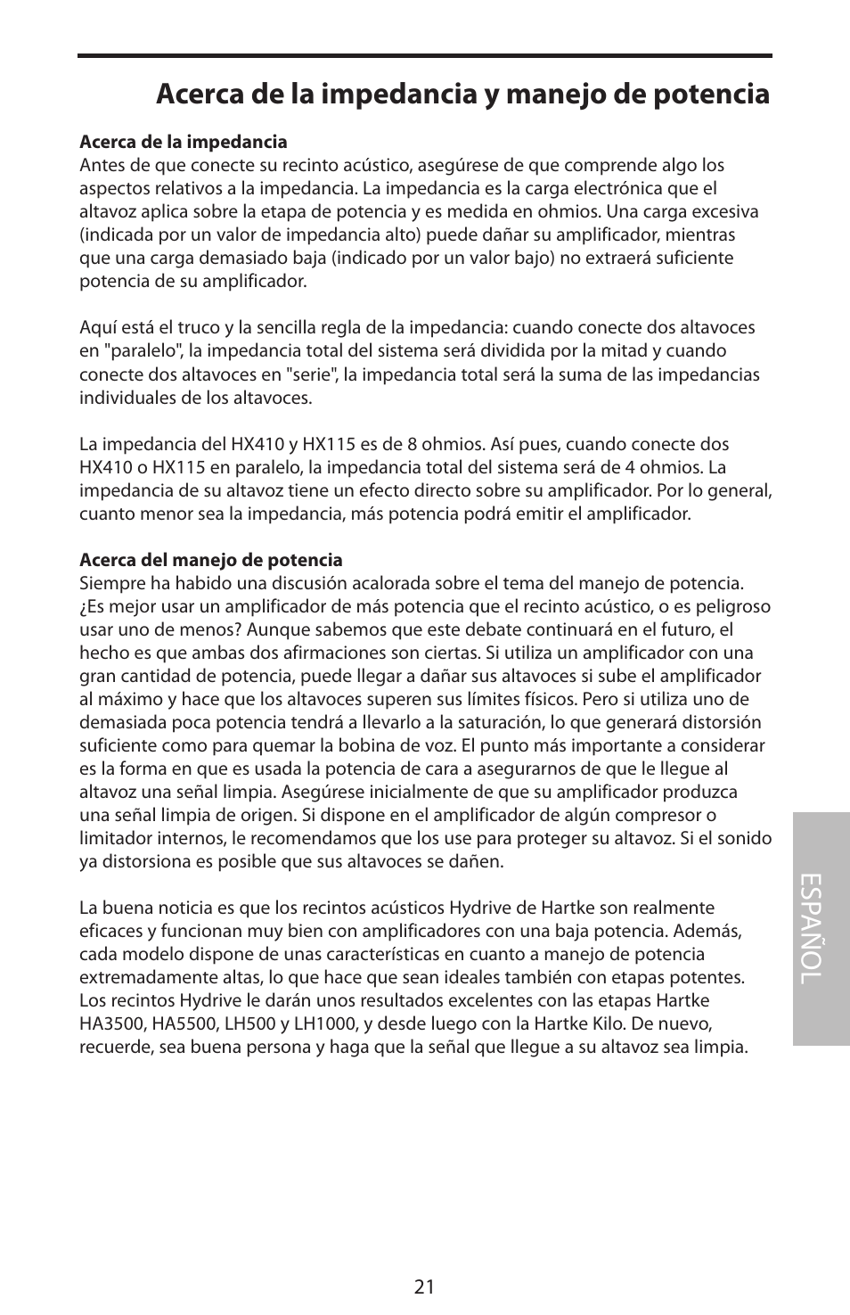 Acerca de la impedancia y manejo de potencia, Esp añol | Samson HyDrive HX410 User Manual | Page 25 / 40