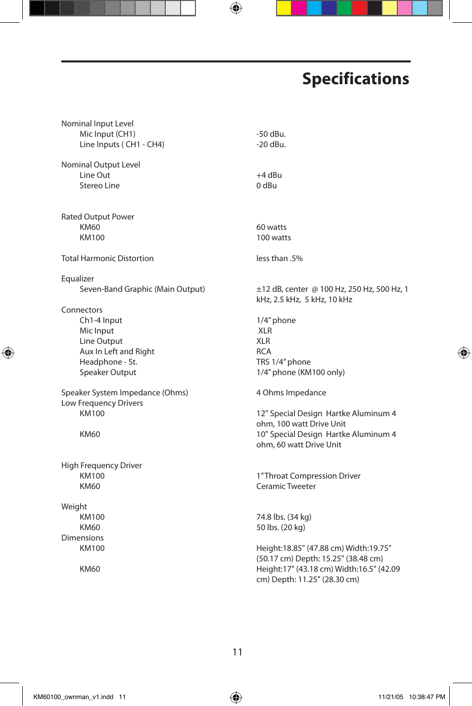 Specifications | Samson KM60 User Manual | Page 13 / 16