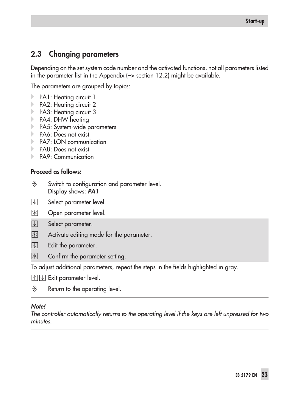 3 chan ging para me ters 23, Pa ra me ters 23, Changing parameters | Samson Trovis 5100 User Manual | Page 23 / 142