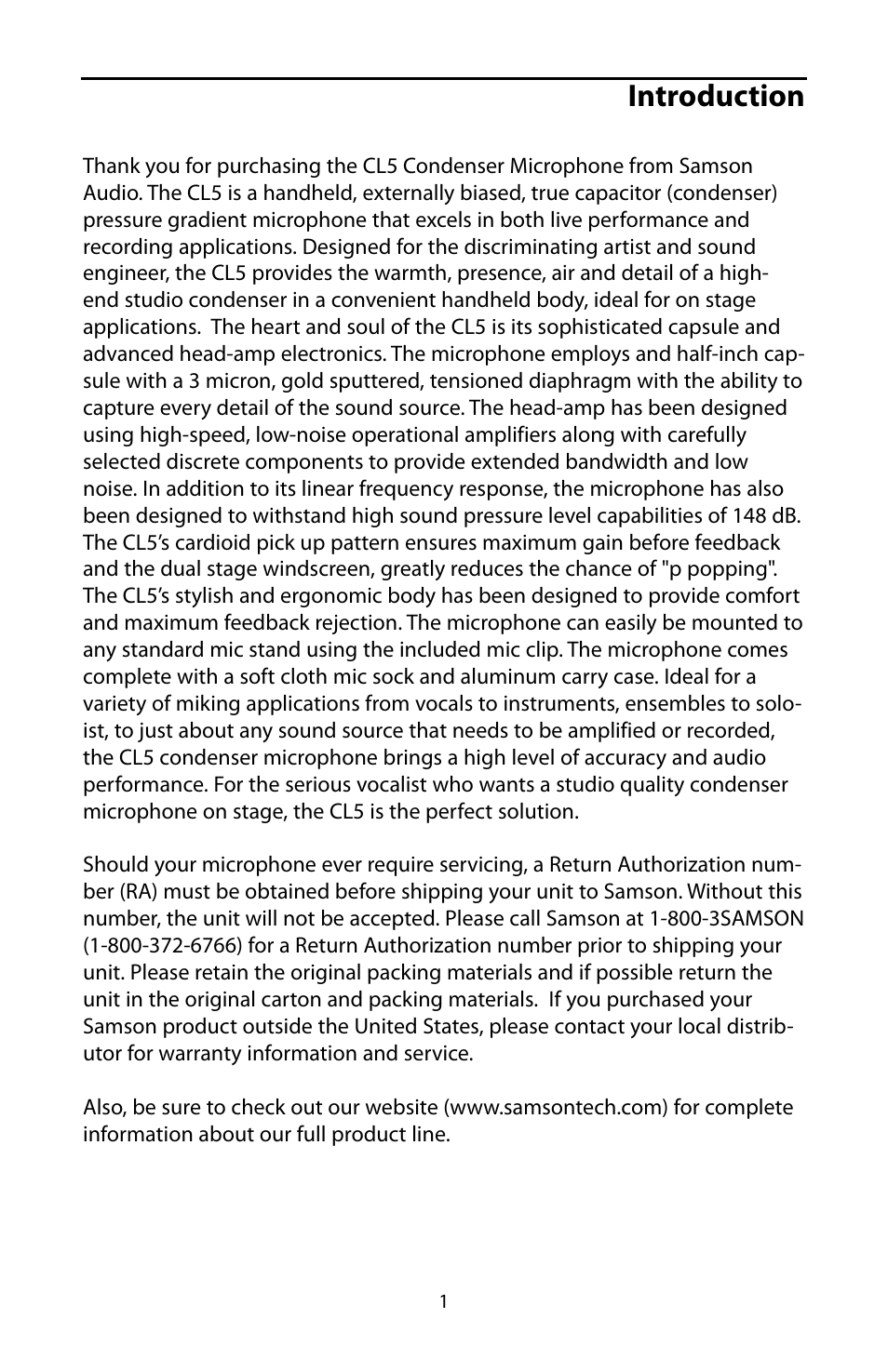 Introduction | Samson CL5 User Manual | Page 3 / 10