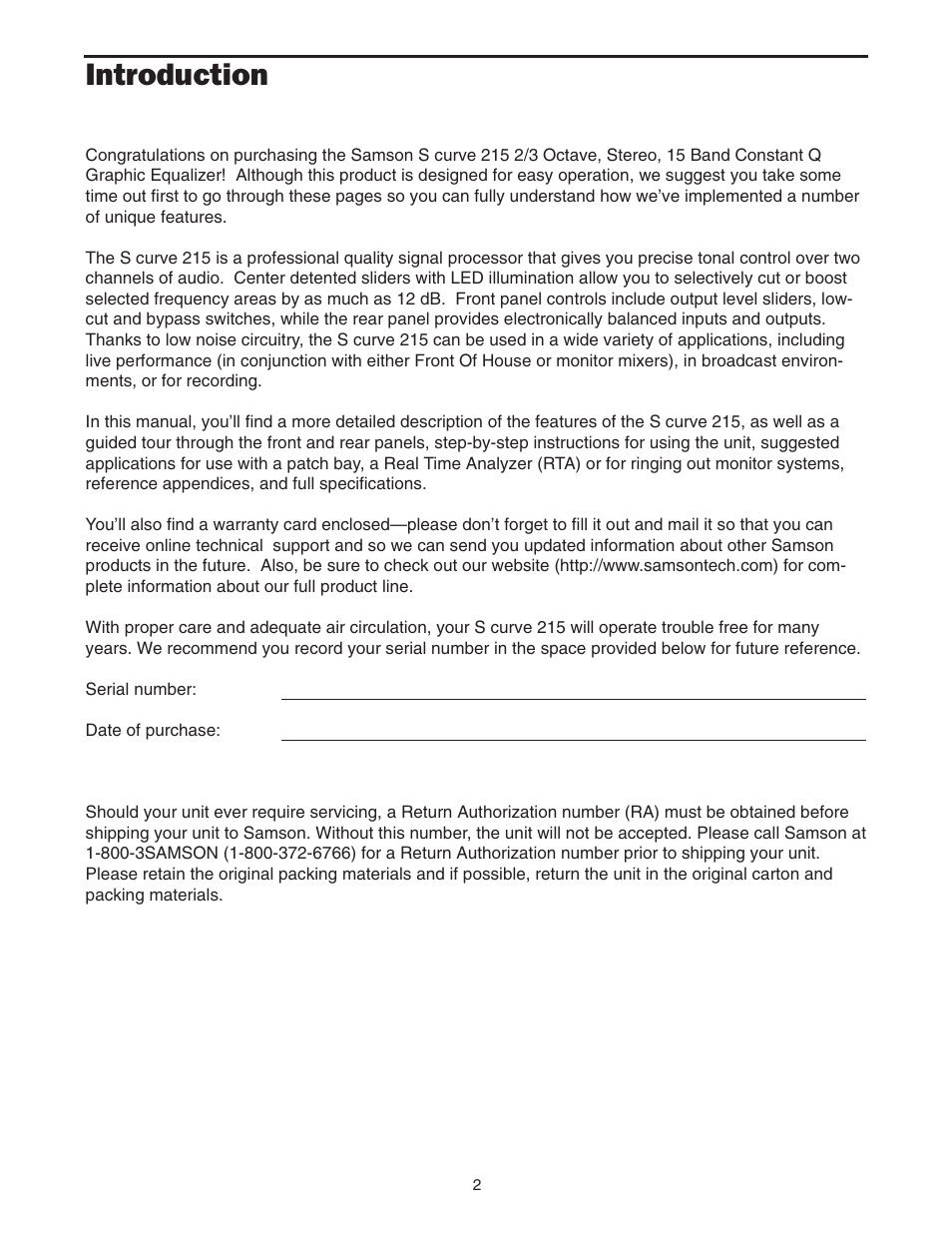 Introduction | Samson 215 User Manual | Page 4 / 20