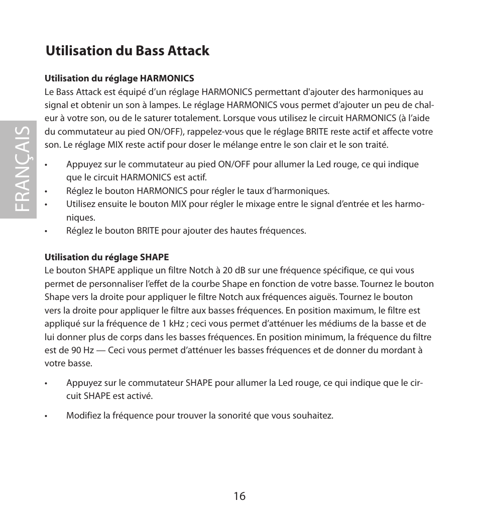 Utilisation du bass attack, Fr anç ais | Samson BASS PRE-AMP User Manual | Page 16 / 44