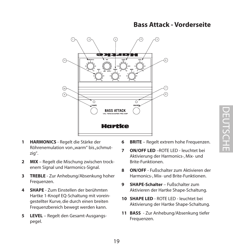 Bass attack - vorderseite, Deut sche | Samson BASS PRE-AMP User Manual | Page 19 / 44