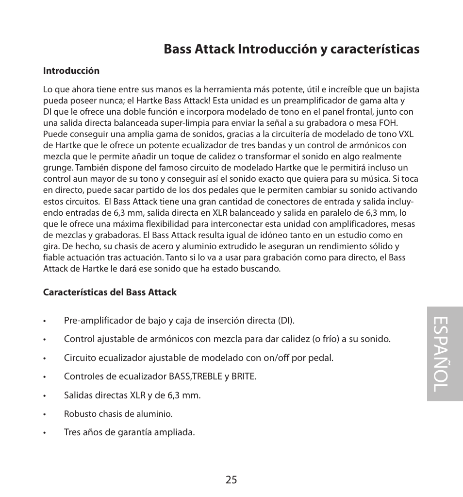 Bass attack introducción y características, Español, Esp añol | Samson BASS PRE-AMP User Manual | Page 25 / 44