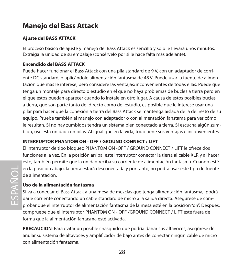Manejo del bass attack, Esp añol | Samson BASS PRE-AMP User Manual | Page 28 / 44