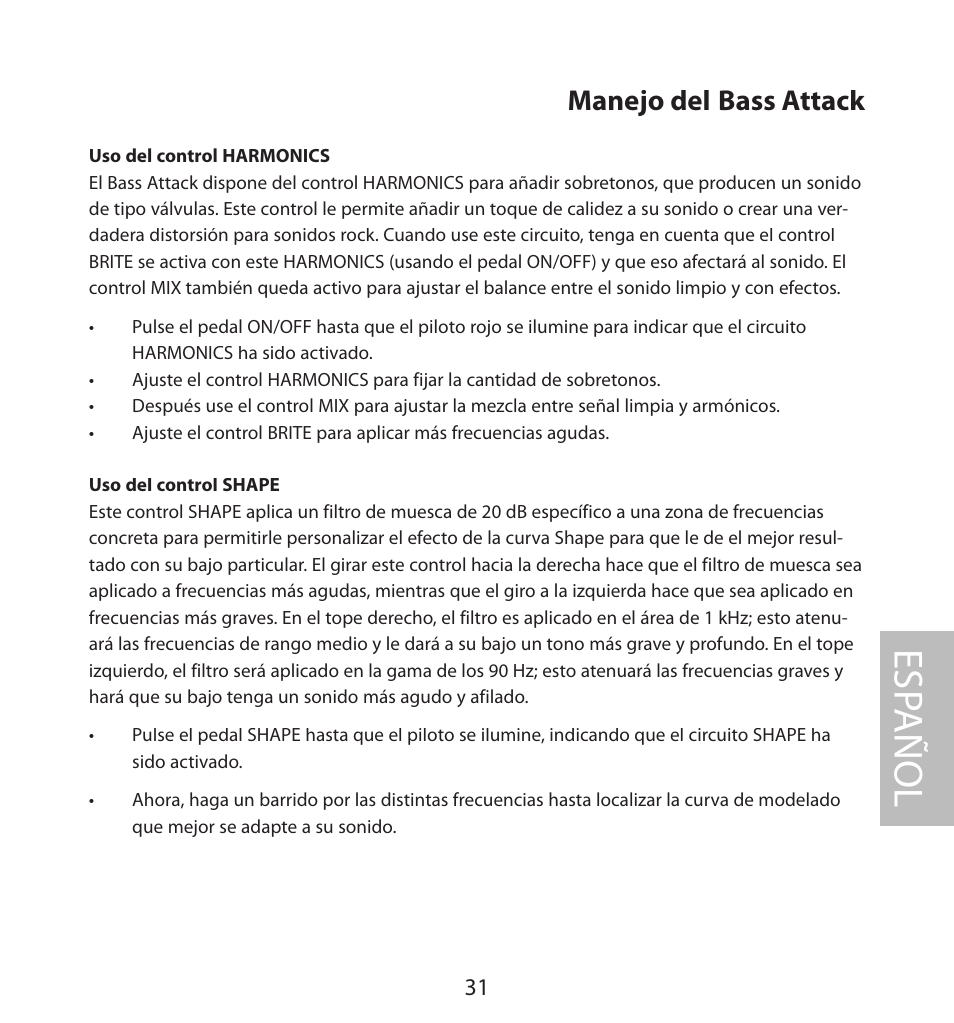 Manejo del bass attack, Esp añol | Samson BASS PRE-AMP User Manual | Page 31 / 44