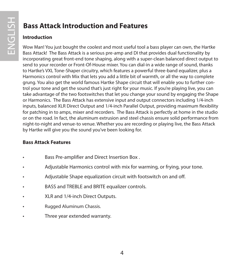 Bass attack introduction and features, English | Samson BASS PRE-AMP User Manual | Page 4 / 44