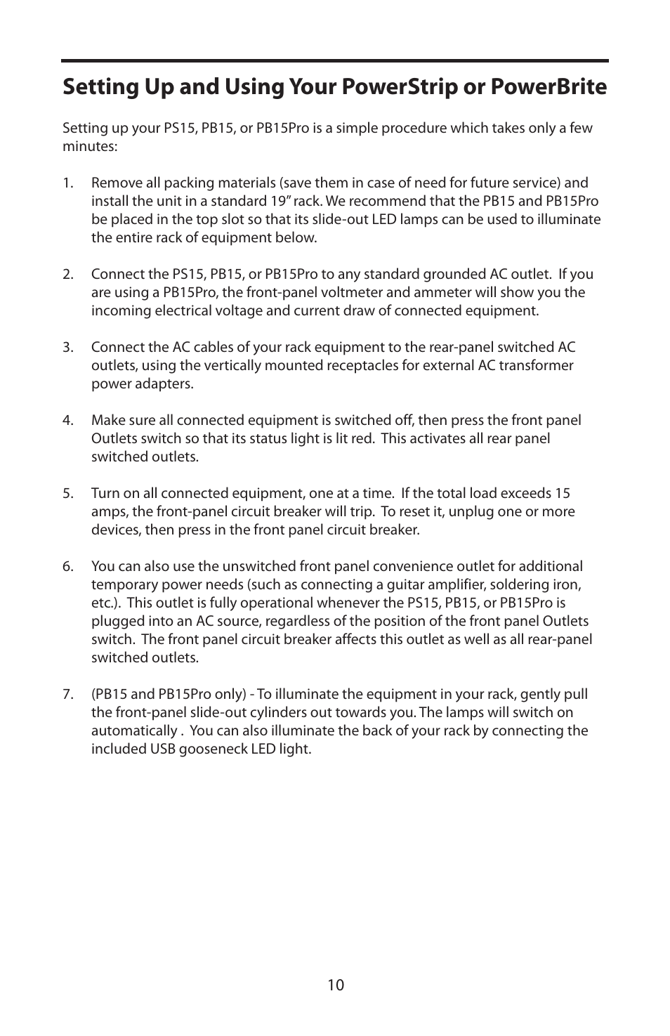 Setting up and using your powerstrip or powerbrite | Samson Pro Rack-Mount Power Distribution PS15 User Manual | Page 12 / 16