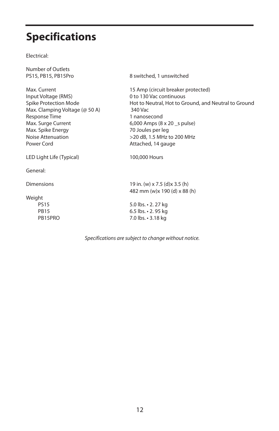 Specifications | Samson Pro Rack-Mount Power Distribution PS15 User Manual | Page 14 / 16