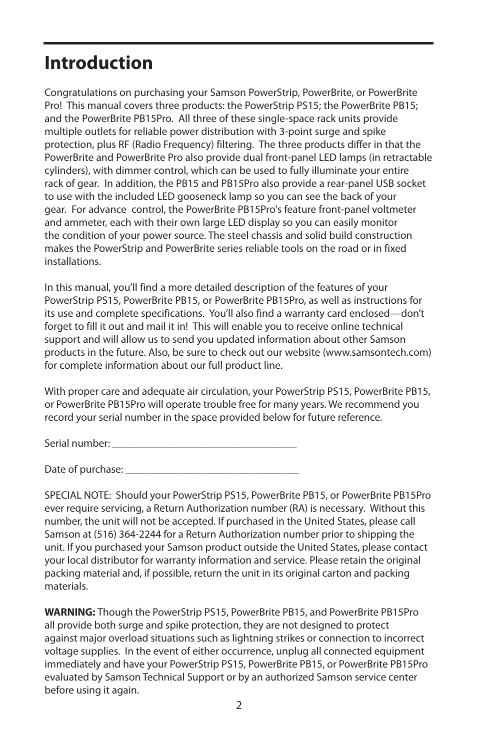 Introduction | Samson Pro Rack-Mount Power Distribution PS15 User Manual | Page 4 / 16