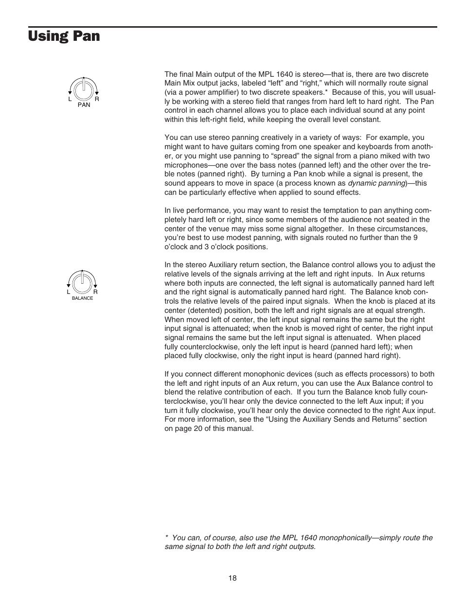 Using pan, Using pan 18 | Samson MPL 1640 User Manual | Page 20 / 34