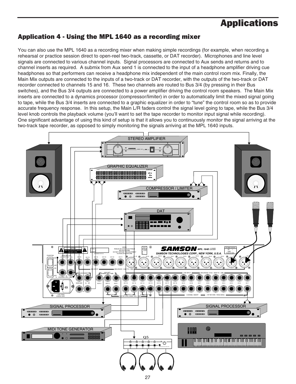 Using the mpl 1640 as a recording mixer, Using the mpl 1640 as a recording mixer 27, Applications | Samson, Signal processor, Signal processor midi tone generator, Stereo amplifier dat compressor / limiter, Graphic equalizer | Samson MPL 1640 User Manual | Page 29 / 34