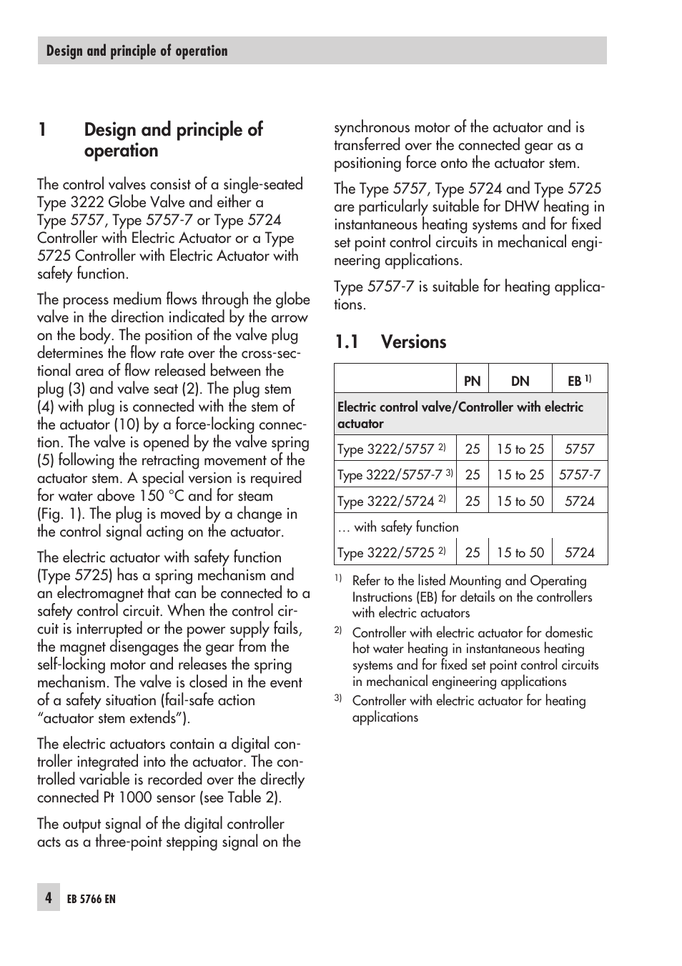 1 design and prin ci ple of ope ra tion 4, 1 ver sions 4, Design and principle of operation | Versions, 1design and principle of operation, 1 versions | Samson 3222/5757 User Manual | Page 4 / 24