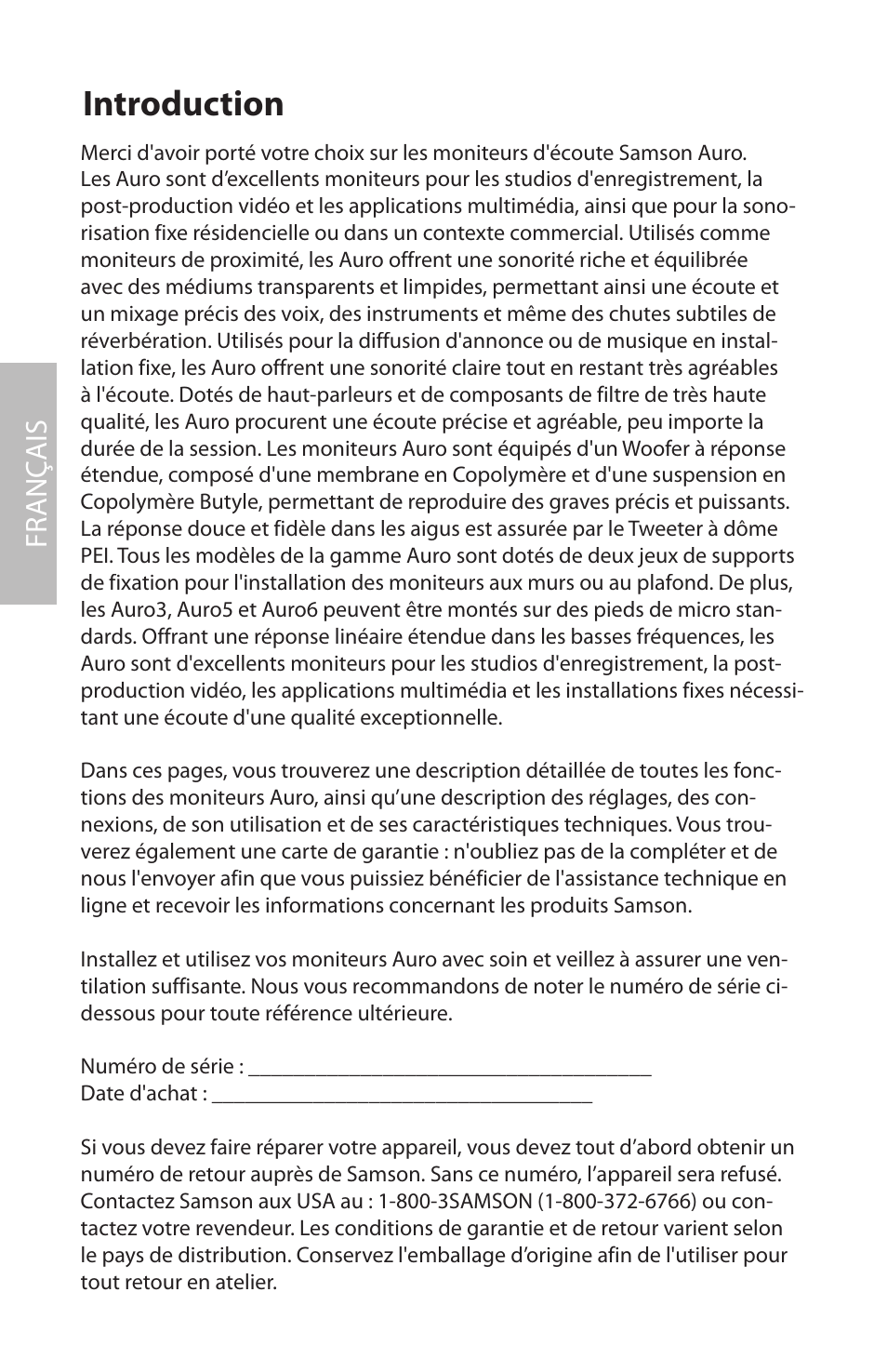 Français, Introduction, Fr anç ais | Samson AURO5 User Manual | Page 16 / 62