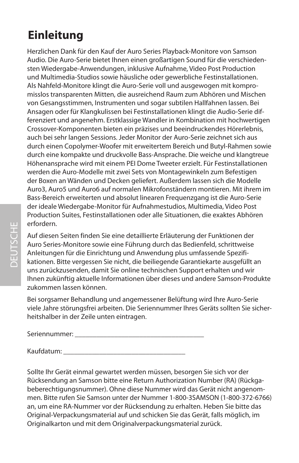 Deutsche, Einleitung, Deut sche | Samson AURO5 User Manual | Page 26 / 62