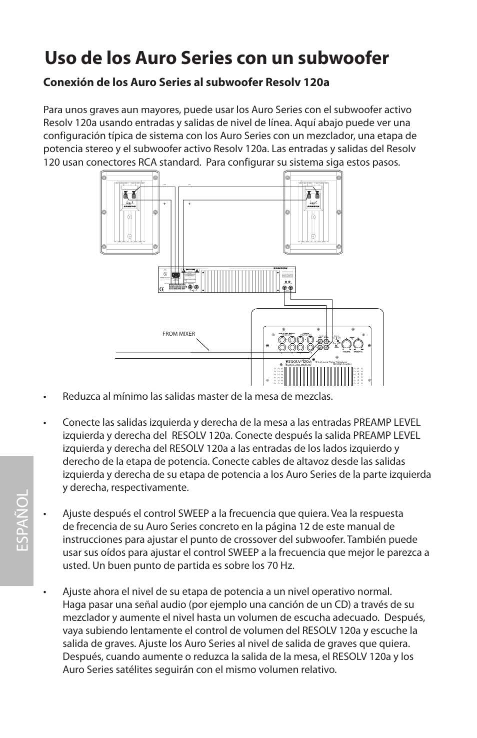 Uso de los auro series con un subwoofer, Esp añol | Samson AURO5 User Manual | Page 42 / 62