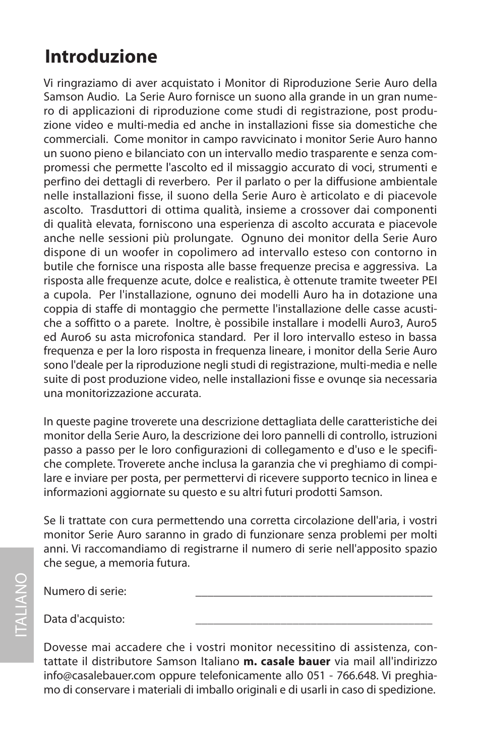 Italiano, Introduzione, It aliano | Samson AURO5 User Manual | Page 46 / 62