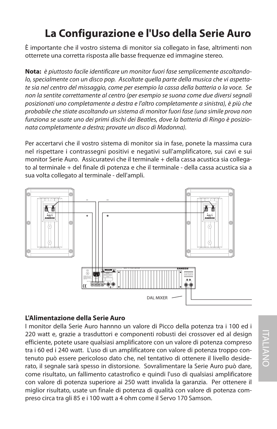 La configurazione e l'uso della serie auro, L'alimentazione della serie auro, It aliano | Samson AURO5 User Manual | Page 51 / 62