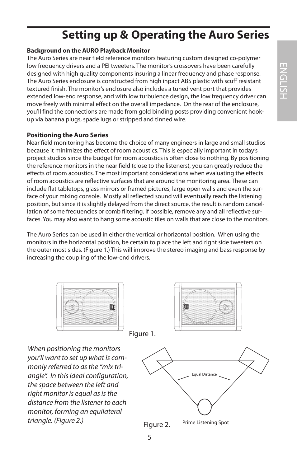 Setting up & operating the auro series, Positioning the auro series, English | Samson AURO5 User Manual | Page 9 / 62