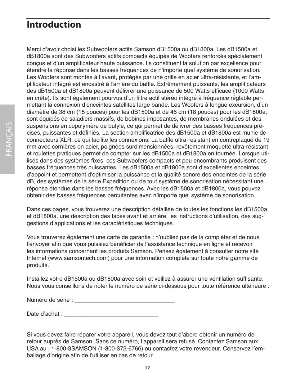 Français, Introduction, Fr anç ais | Samson dB1500a User Manual | Page 16 / 64