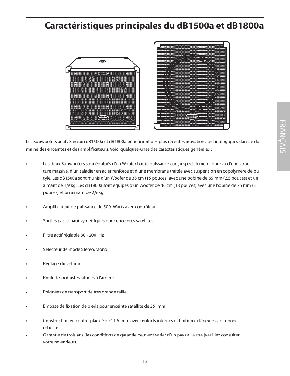 Caractéristiques principales du db1500a et db1800a, Fr anç ais | Samson dB1500a User Manual | Page 17 / 64