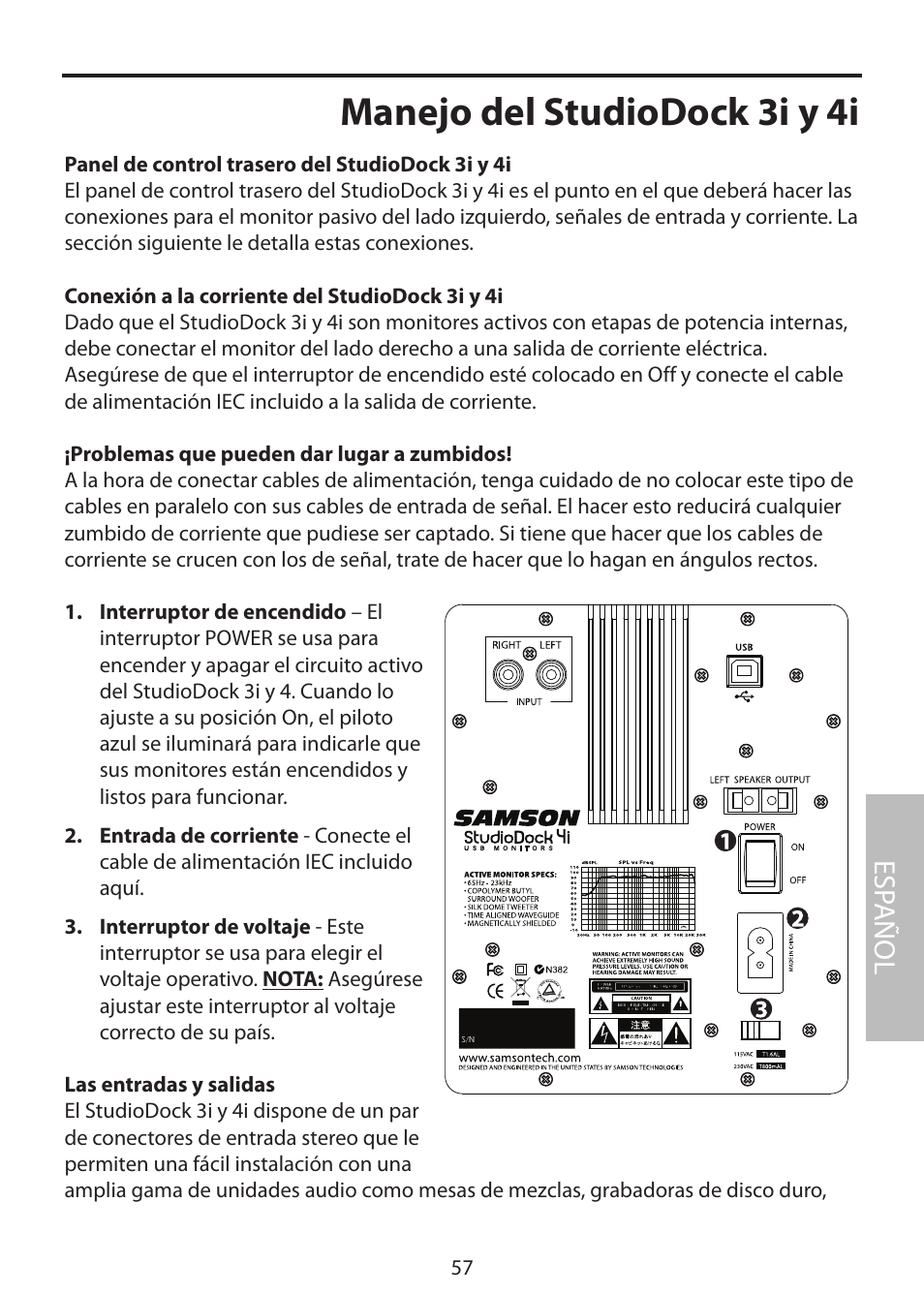 Manejo del studiodock 3i y 4i, Esp añol | Samson StudioDock 3i User Manual | Page 63 / 88