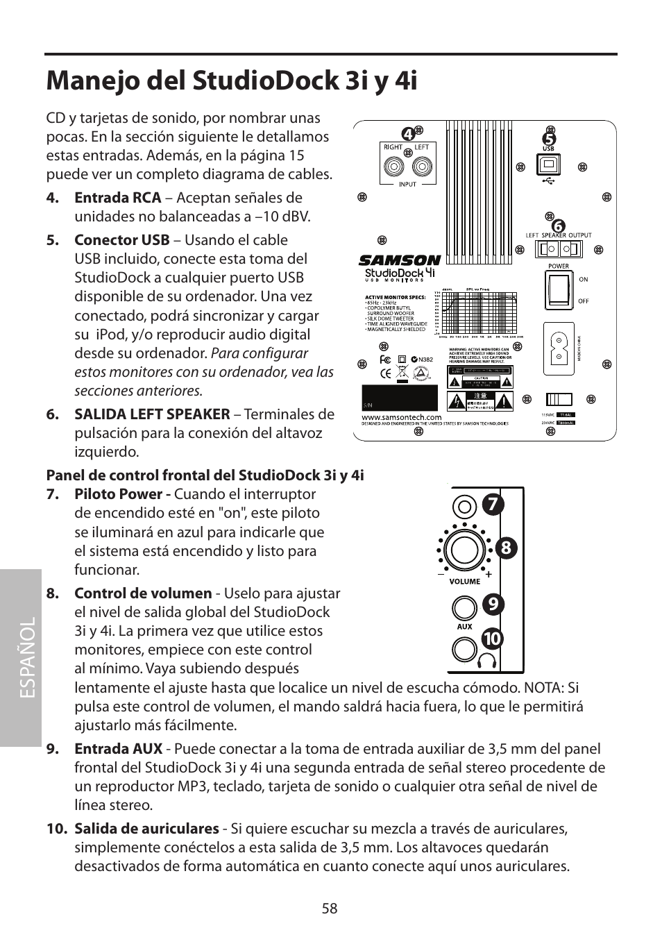 Manejo del studiodock 3i y 4i, Esp añol | Samson StudioDock 3i User Manual | Page 64 / 88