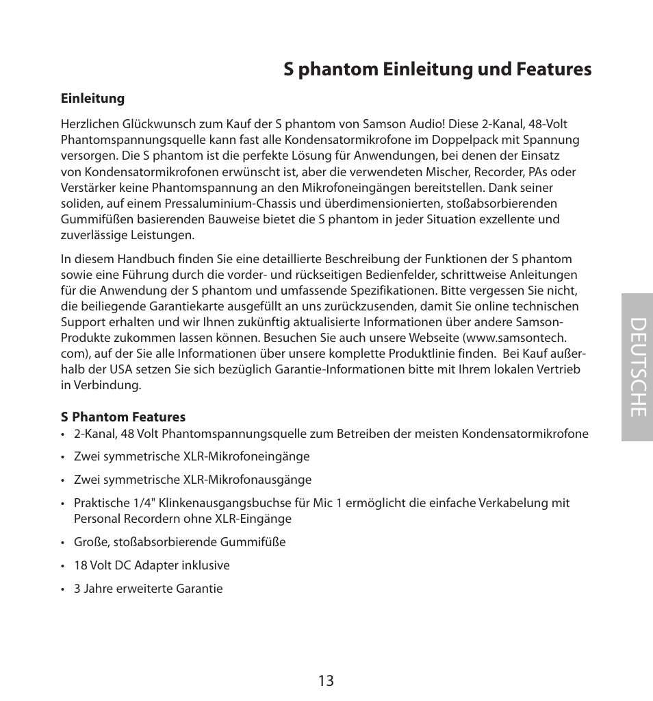 Deutsche, S phantom einleitung und features, Deut sche | Samson S. phantom S Class User Manual | Page 13 / 32