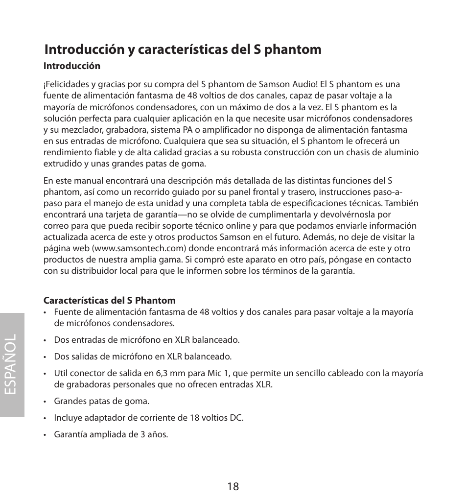 Español, Introducción y características del s phantom, Esp añol | Samson S. phantom S Class User Manual | Page 18 / 32