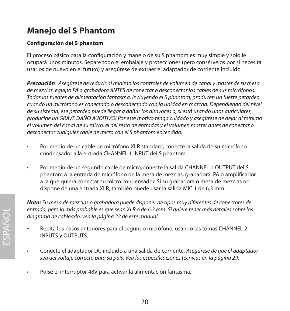 Manejo del s phantom, Esp añol | Samson S. phantom S Class User Manual | Page 20 / 32