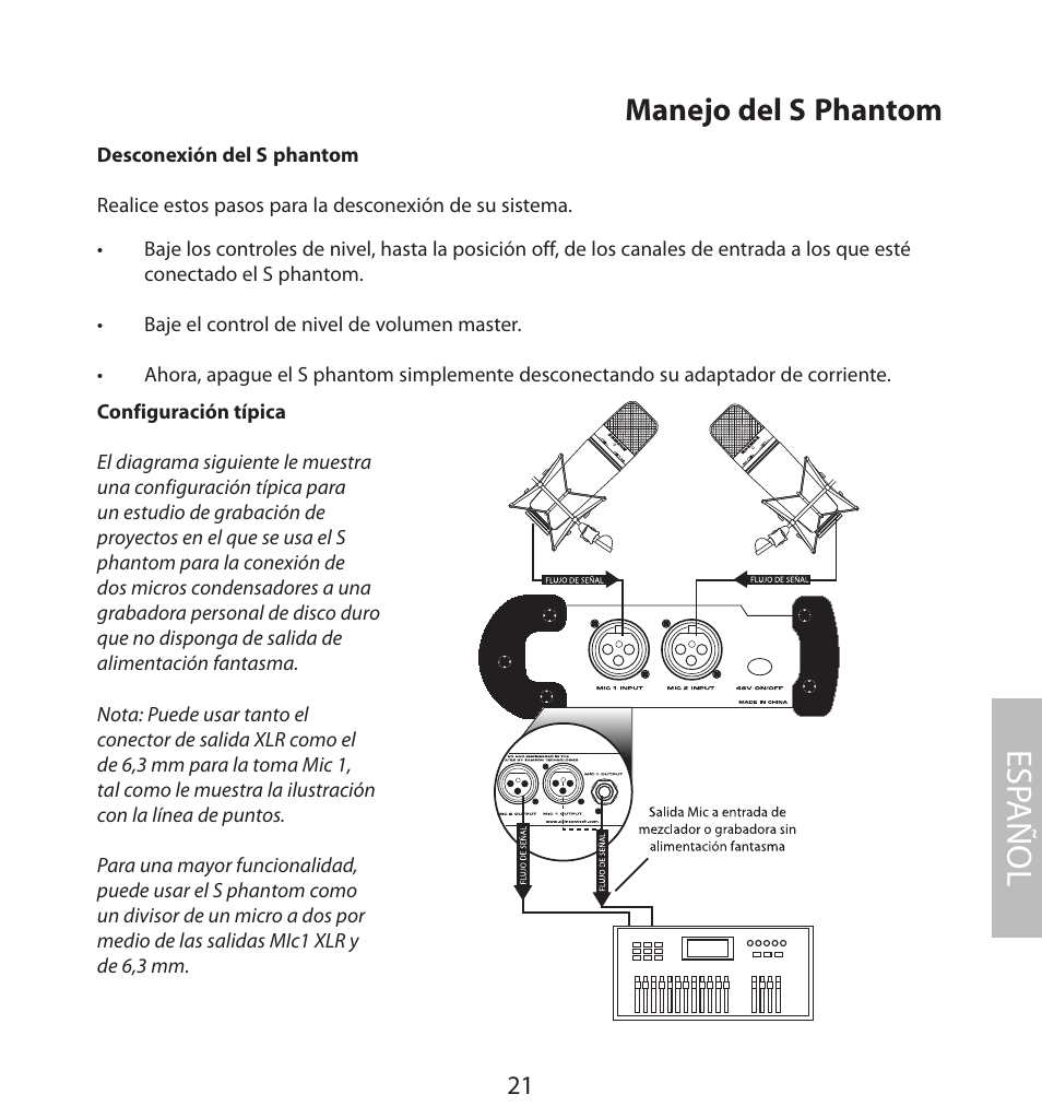 Configuración típica, Esp añol, Manejo del s phantom | Samson S. phantom S Class User Manual | Page 21 / 32