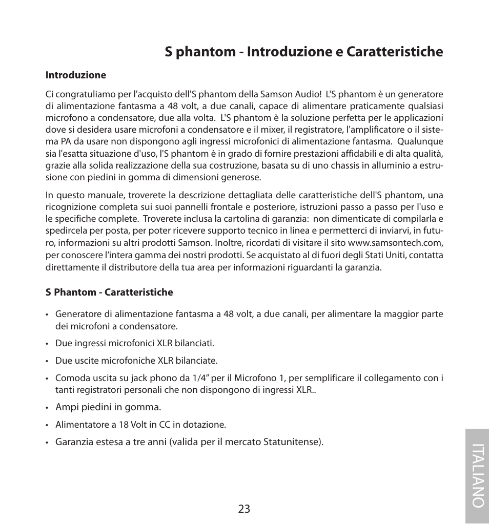 Italiano, S phantom - introduzione e caratteristiche, It aliano | Samson S. phantom S Class User Manual | Page 23 / 32