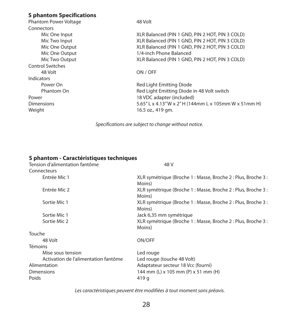 S phantom specifications, S phantom - caractéristiques techniques | Samson S. phantom S Class User Manual | Page 28 / 32