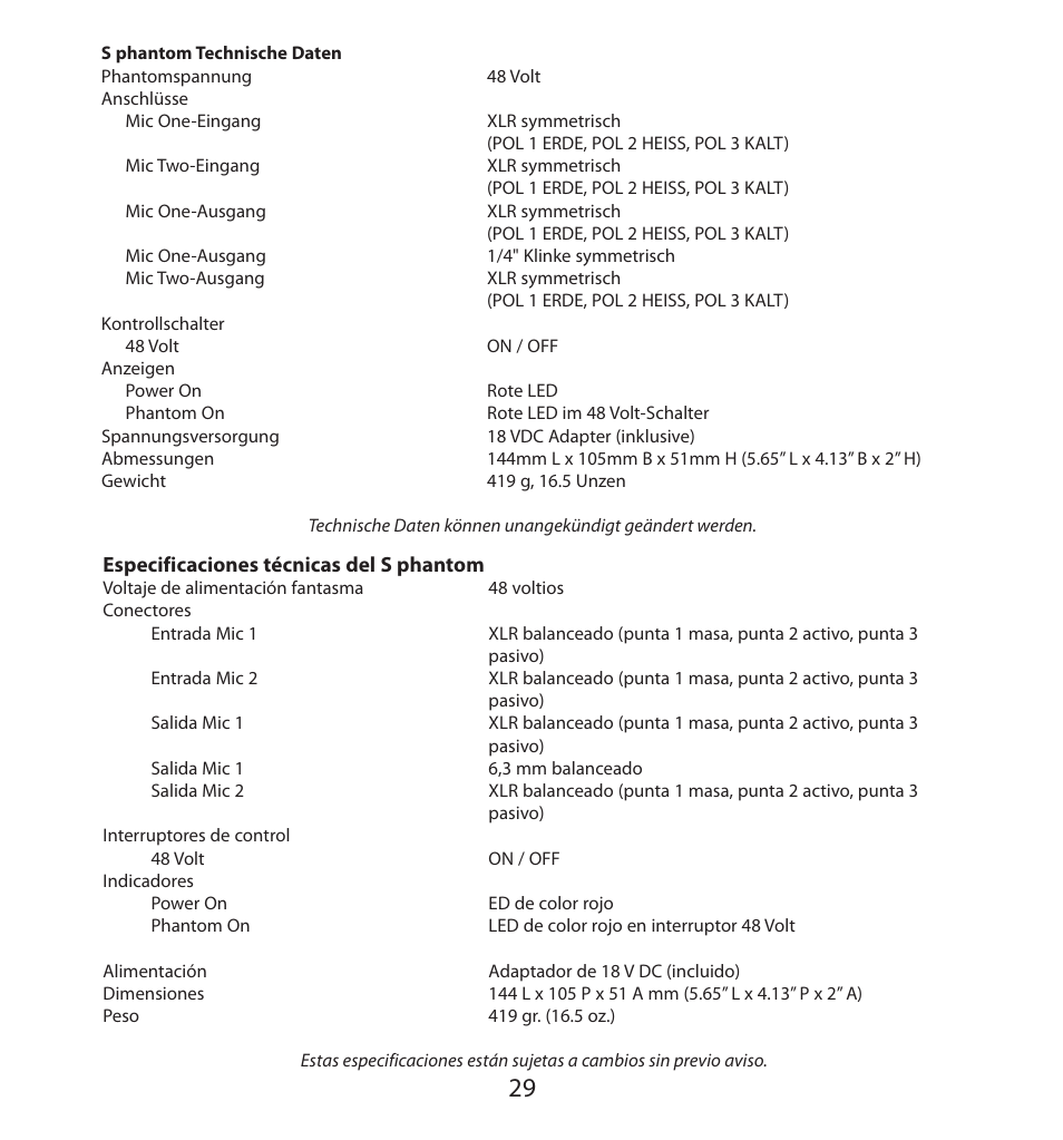 S phantom technische daten, Especificaciones técnicas del s phantom | Samson S. phantom S Class User Manual | Page 29 / 32