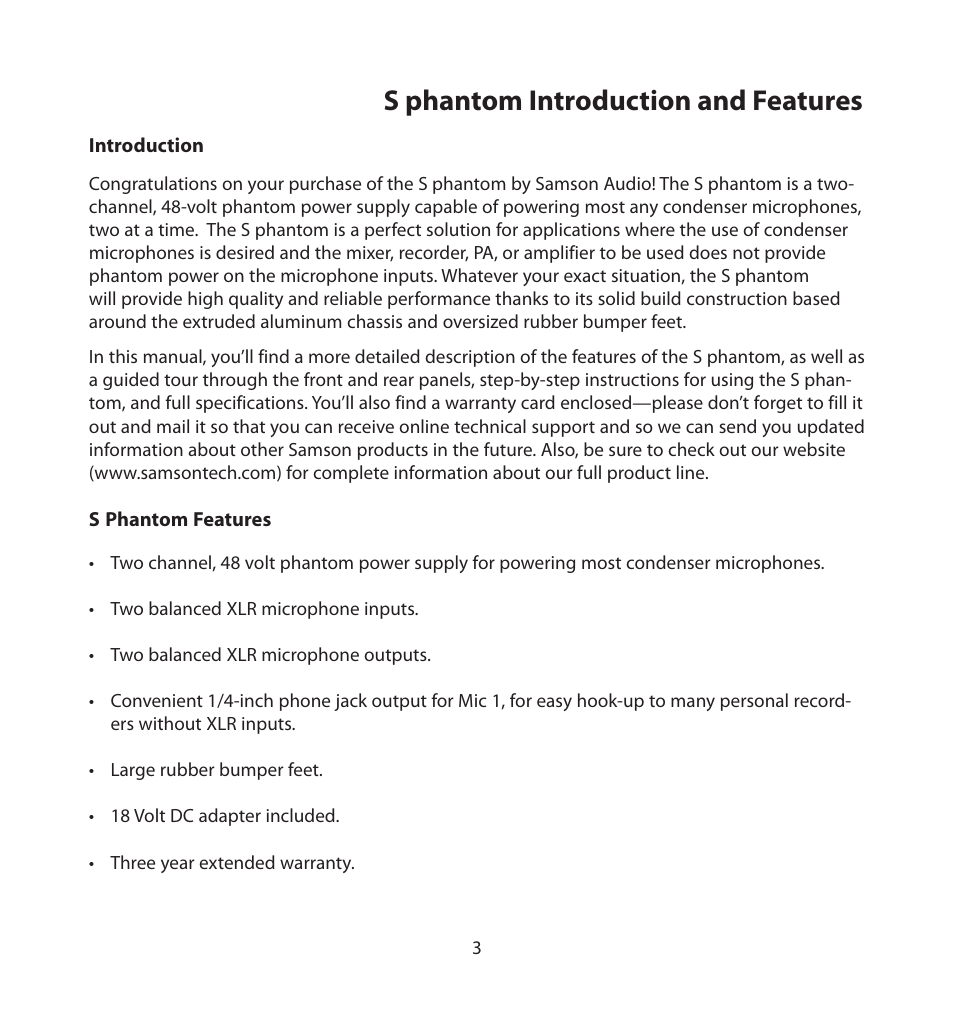 S phantom introduction and features | Samson S. phantom S Class User Manual | Page 3 / 32